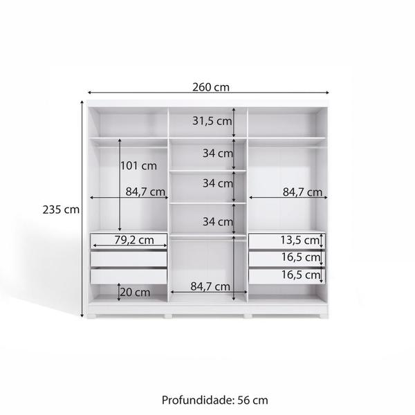 Imagem de Guarda-Roupa Casal MDF Kappesberg c/Pés e 3 Espelhos 3 Portas de Correr 6 Gavetas Branco/Nogueira