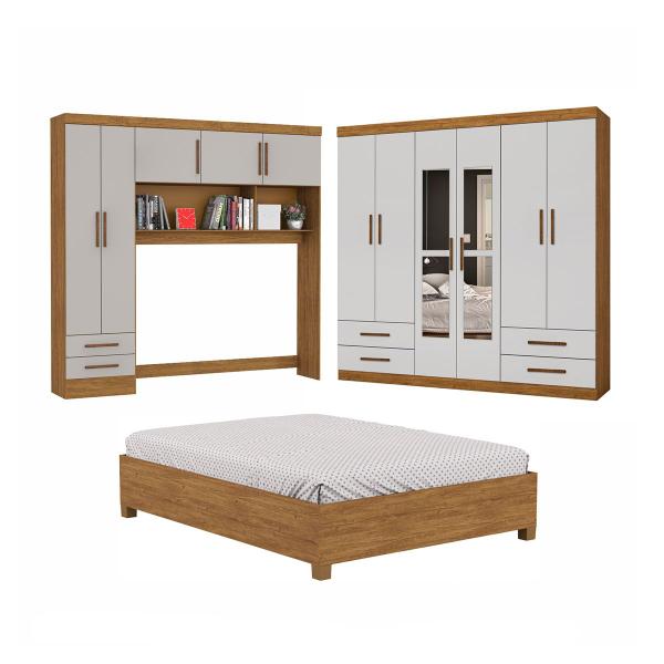 Imagem de Guarda-Roupa Casal Modulado com Cama Hércules 11 Portas 6 Gavetas com Espelho Cinamomo/Off White - Carioca Móveis