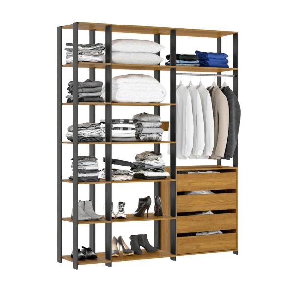 Imagem de Guarda-Roupa Casal para Closet Aberto 175x220 Cm Estilo Industrial Bacco 3 Peças MDP Carvalho MENU