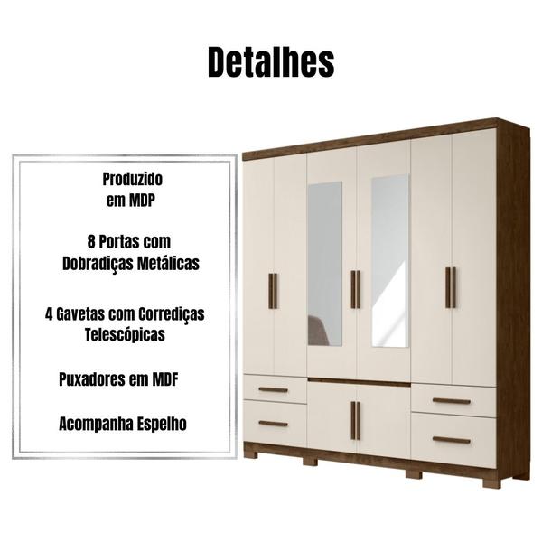 Imagem de Guarda Roupa Casal Porto Com Espelho 8 Portas Castanho Wood Off White Moval