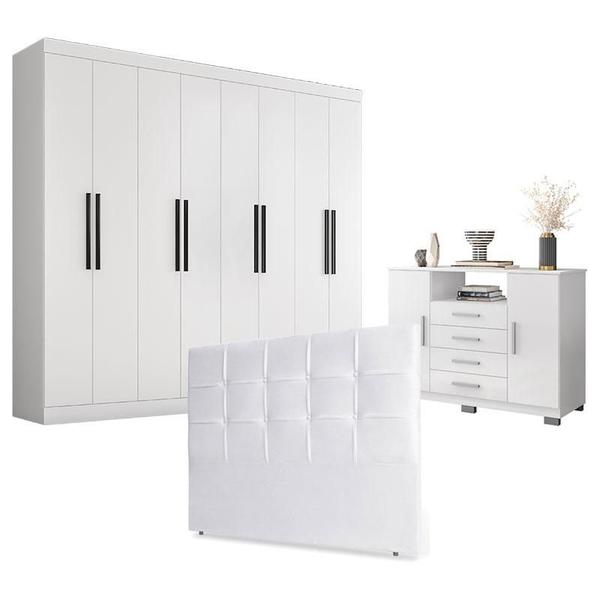 Imagem de Guarda Roupa Casal Prime 1684 com Cômoda Sapateira 8020 e Cabeceira Luiza 140cm Branco - Araplac