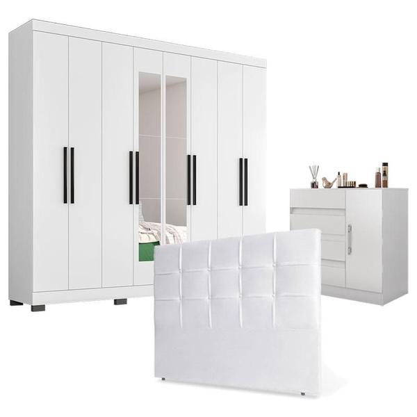 Imagem de Guarda Roupa Casal Prime 1684 com Espelho e Pés Reto News Cinza com Cômoda Excellence 8000 e Cabeceira Luiza 140cm Branco - Araplac