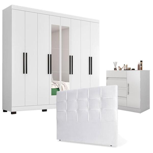 Imagem de Guarda Roupa Casal Prime 1684 com Espelho e Pés Reto News com Cômoda Excellence 8000 e Cabeceira Luiza 140cm Branco - Araplac