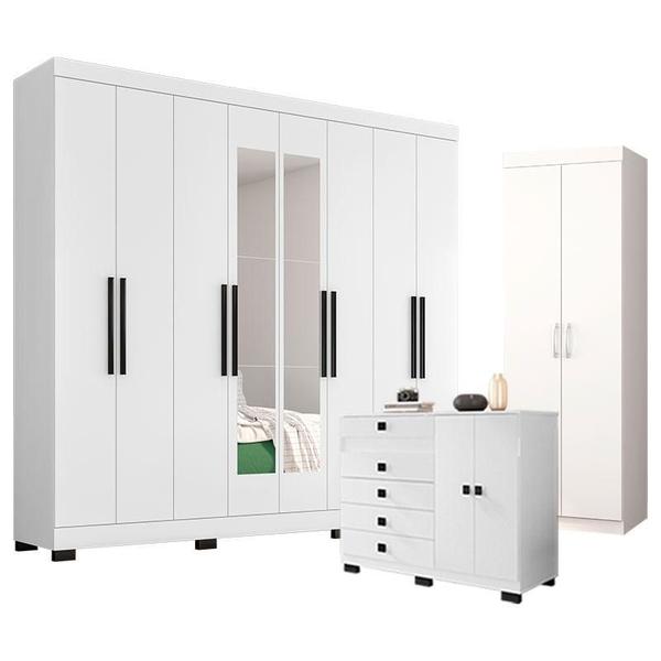 Imagem de Guarda Roupa Casal Prime 1684 com Espelho e Pés Reto News com Multiuso 6020 e Cômoda 2352 Branco - Araplac