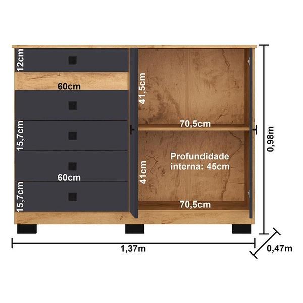 Imagem de Guarda Roupa Casal Prime 1684 com Espelho e Pés Reto News com Multiuso 6020 e Cômoda 2352 Freijó Carbono - Araplac