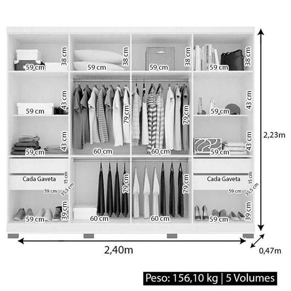 Imagem de Guarda Roupa Casal Prime 1684 com Pés Reto News Cinza e Cômoda Excellence 8000 com Cabeceira Luiza 140cm Branco - Araplac