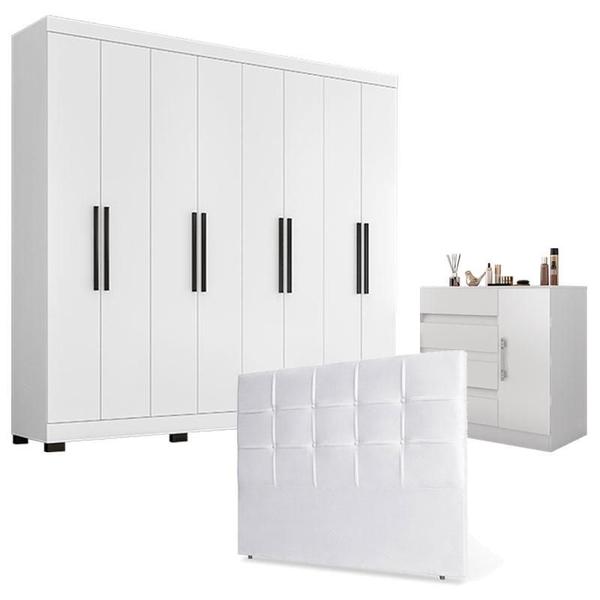 Imagem de Guarda Roupa Casal Prime 1684 com Pés Reto News e Cômoda Excellence 8000 com Cabeceira Luiza 140cm Branco - Araplac