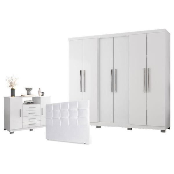 Imagem de Guarda Roupa Casal Prime 6000 com New Pés e Cômoda 8020 com Cabeceira Luiza 140cm Branco - Araplac