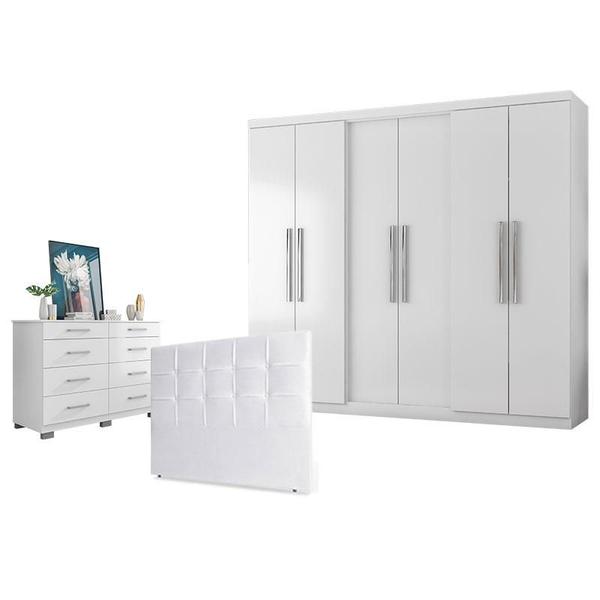 Imagem de Guarda Roupa Casal Prime 6000 e Cômoda 8050 com Cabeceira Luiza 140cm Branco - Araplac