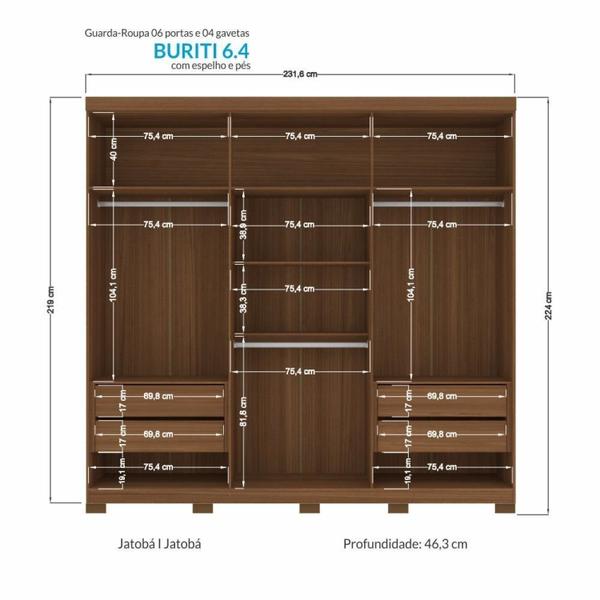 Imagem de Guarda Roupa Casal Ripado 6 Portas 4 Gavetas Antony com Espelhos e Pés