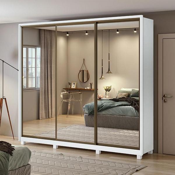 Imagem de Guarda Roupa Casal Spazio com Espelho Super Glass 270 Branco Brilho e Pés - Lopas