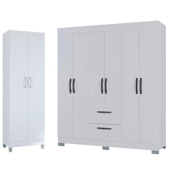 Imagem de Guarda Roupa Casal Tóquio 6 Portas com Armário Multiuso 2 Portas Branco Brilho - Poquema