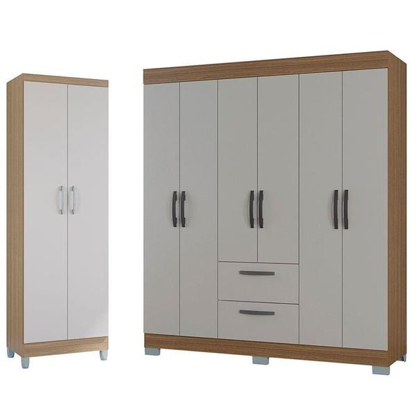 Imagem de Guarda Roupa Casal Tóquio 6 Portas com Armário Multiuso 2 Portas Castanho Off White - Poquema