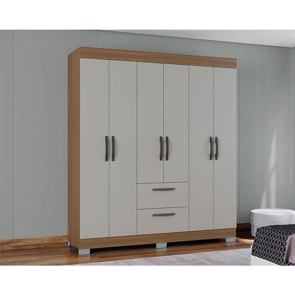 Imagem de Guarda Roupa Casal Tóquio 6 Portas Com Armário Multiuso 2 Portas Castanho Off White - Poquema