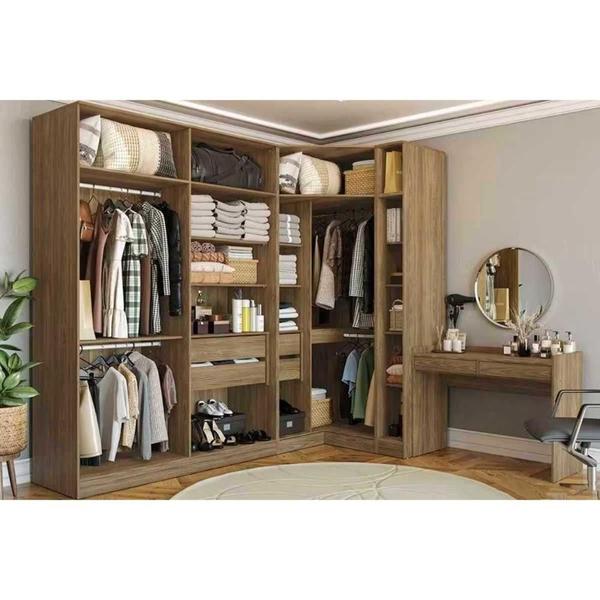 Imagem de Guarda Roupa Closet Casal Adapt 4 Peças (1 Aberto + 1 Módulo Aberto + 1 de Canto Obliquo + 1 Escrivaninha) QCM72 Nogueira - Kappesberg