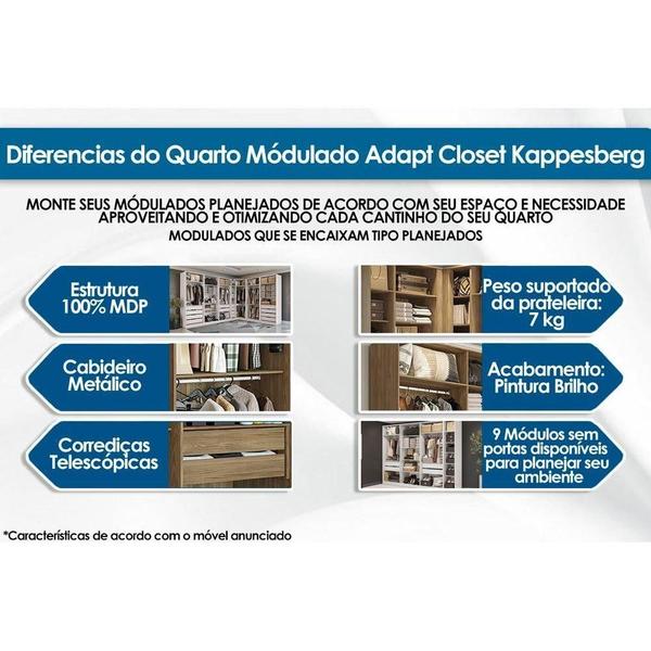 Imagem de Guarda Roupa Closet Casal Adapt 5 Peças (4 s + 1 Complemento) QCM08 Nogueira - Kappesberg