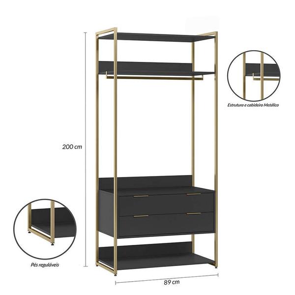 Imagem de Guarda-Roupa Closet Industrial Mital com Cabideiro 2 GV Preto e Dourado