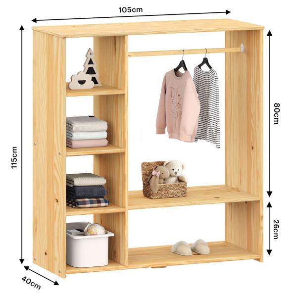 Imagem de Guarda Roupa Closet Infantil Madeira com Cabideiro e 4 Nichos Rafael Natural