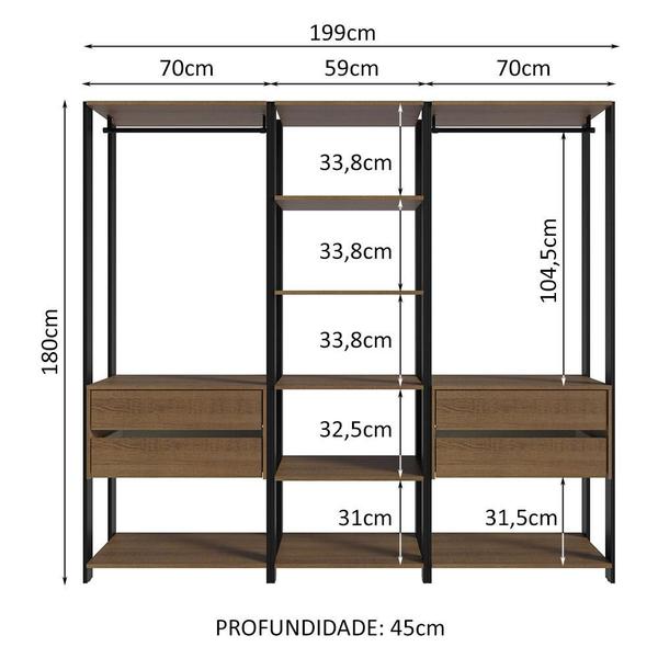 Imagem de Guarda-Roupa Closet Modulado Valencia 4 Gavetas 199cm Rustic/Preto Madesa 02