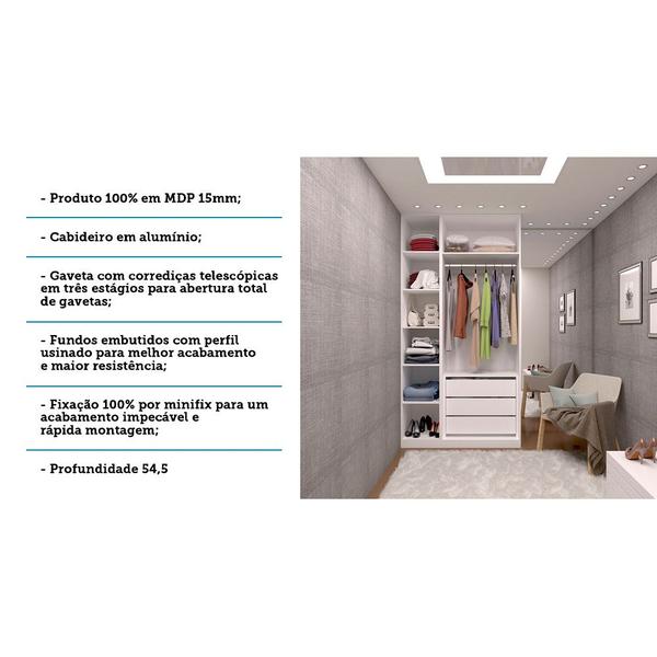 Imagem de Guarda Roupa Closet sem Portas 2 Peças, 3 Gavetas, 1 Cabideiro Branco Prime Luciane Móveis