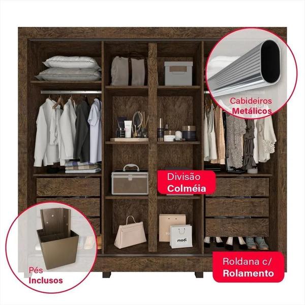 Imagem de Guarda Roupa com Espelho 2 Portas de Correr 2 Portas de Bater 6 Gavetas Portinari 100% MDF - Wengue Naturale