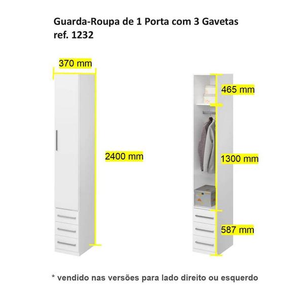 Imagem de Guarda-Roupa De 1 Porta Com 3 Gavetas 1232 Direito Branco