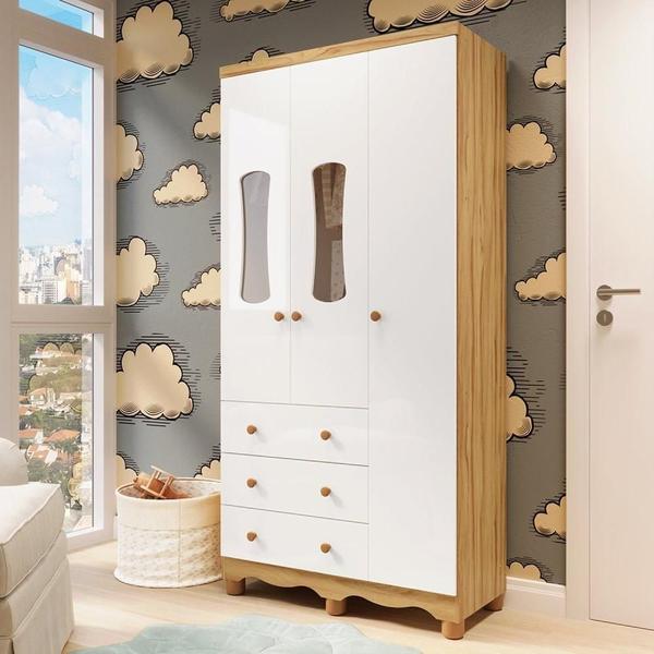 Imagem de Guarda-Roupa de Bebê 2 Portas com Janela 3 Gavetas 100% MDF Lana Espresso Móveis Branco Brilho/Amêndoa