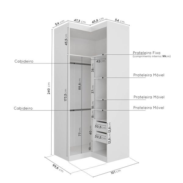 Imagem de Guarda Roupa de Canto Reto Modular com 3 Prateleiras 2 Gavetas Hera CabeCasa MadeiraMadeira