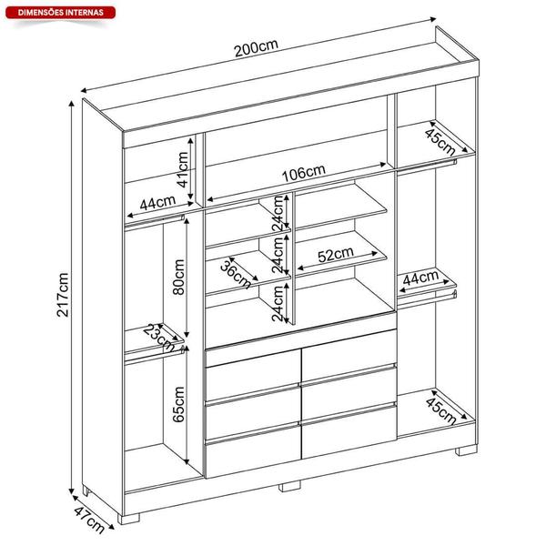 Imagem de Guarda Roupa de Casal 4 Portas 6 Gavetas Estrutura em MDP com Espelho 217x200x47cm Florença Demóbile