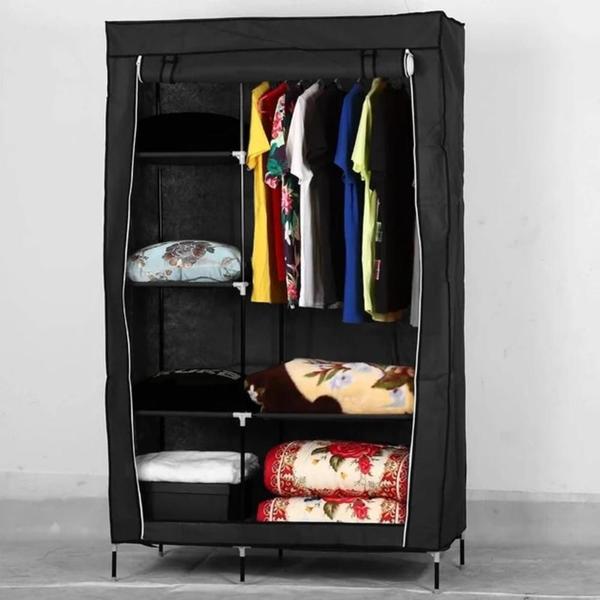 Imagem de Guarda roupa duplo portatil cabideiro arara roupas 5 prateleiras armario dobravel organizador preto