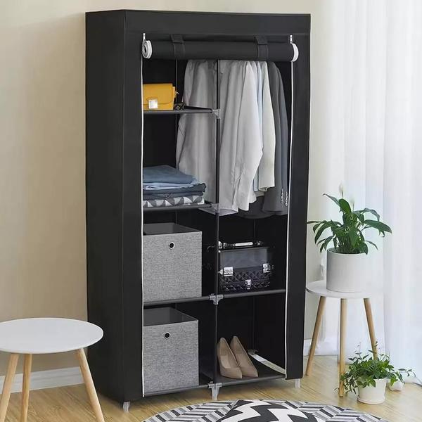 Imagem de Guarda roupa duplo portatil cabideiro arara roupas 5 prateleiras armario dobravel organizador preto