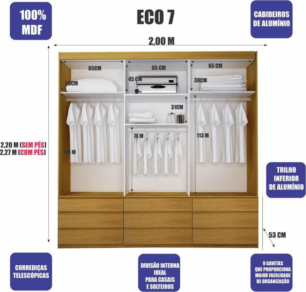 Imagem de Guarda-Roupa ECO 07 Esp 100% MDF 3 Portas 9 Gav Bom Pastor