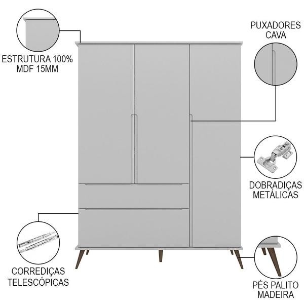 Imagem de Guarda Roupa Infantil 100% MDF 3 Portas Pés Retrô Mel P04 Cinza - Mpozenato