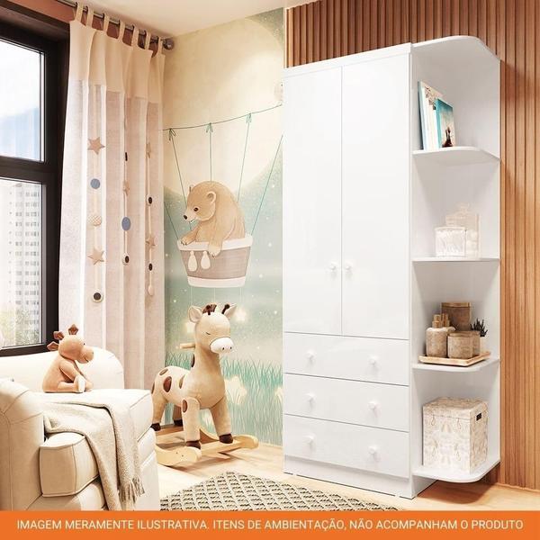 Imagem de Guarda Roupa Infantil 2 Portas 3 Gavetas e Prateleira Externa 100% MDF Smim Moveis Peroba Branco Brilho