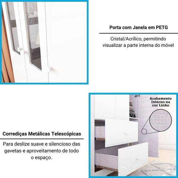 Imagem de Guarda Roupa Infantil 3 Portas com Janelas 2 Gavetas 100% MDF Ben PlusMóveis Peroba Branco Brilho