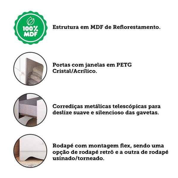 Imagem de Guarda Roupa Infantil 3 Portas com Janelas Retangulo e 2 Gavetas 100% MDF Cocada Branco Brilho