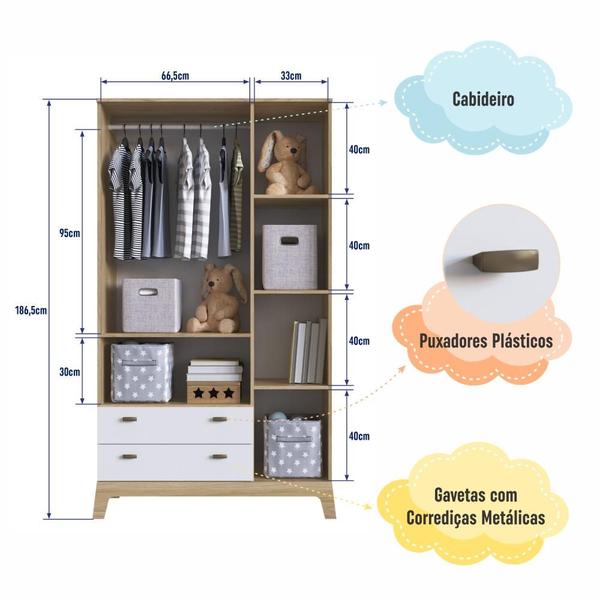 Imagem de Guarda-Roupa Infantil 3 Portas e 2 Gavetas com Nichos, Cabideiro e Pés Retrô para Quarto de Bebê Itapuã com Branco