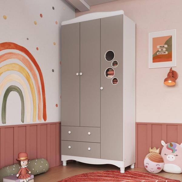 Imagem de Guarda-Roupa Infantil 3 Portas e 2 Gavetas com Nichos e Cabideiro para Quarto de Bebê