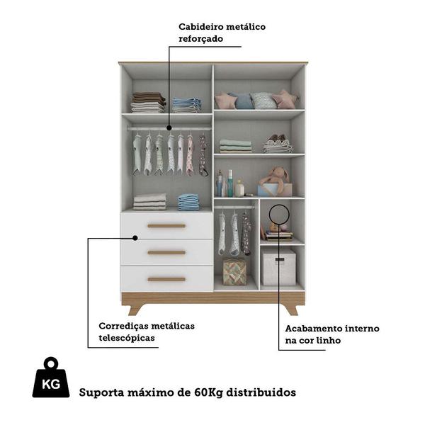 Imagem de Guarda Roupa Infantil 4 Portas 3 Gavetas em MDF Kakau Retrô  Branco Brilho/Carvalho