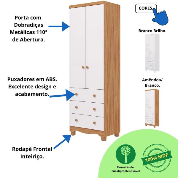 Imagem de Guarda Roupa Infantil Bebê 2 Portas 3 Gavetas Branco Carvalho 100% MDF Júnior Móveis Peroba