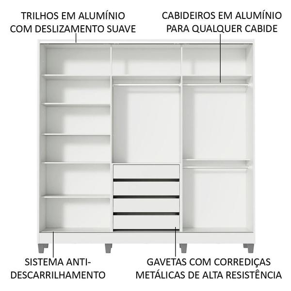 Imagem de Guarda Roupa Juvenil 100% MDF Madesa Kevin 3 Portas de Correr com Espelhos com Pés - Branco/Rustic