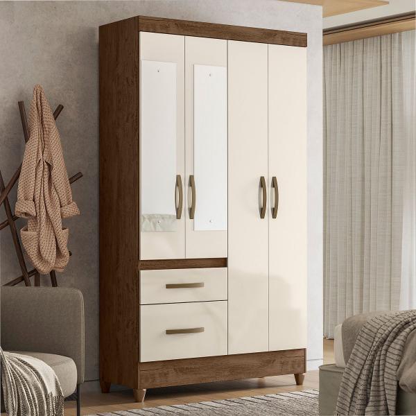 Imagem de Guarda Roupa Madri 110cm 4 Portas Castanho Wood Off White com Espelho Moval