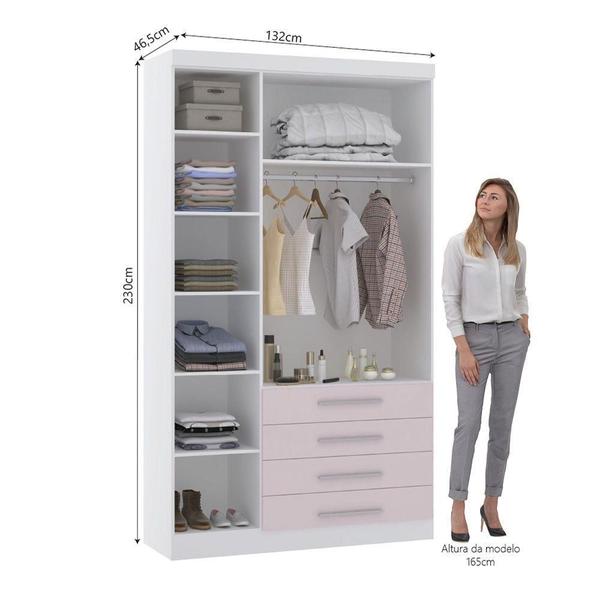 Imagem de Guarda Roupa Modulado 132cm 3 Portas E 4 Gavetas Alpes Luciane Móveis Branco Pf Com Rosa Pf