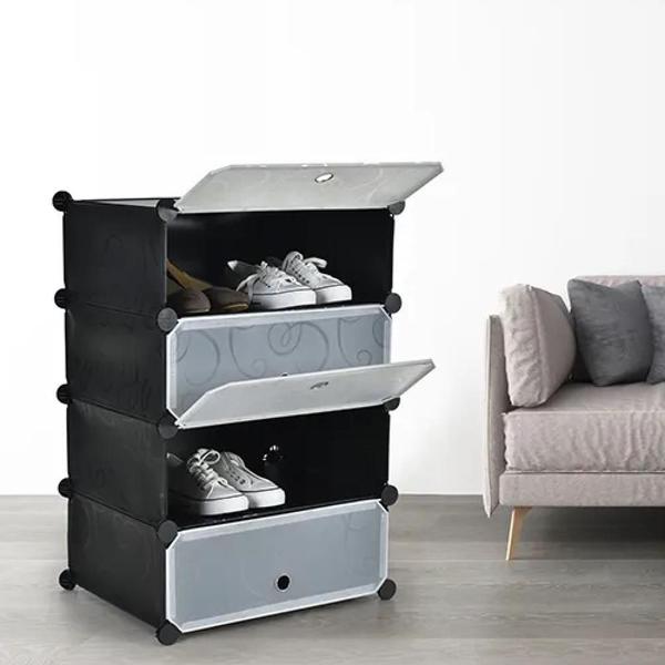 Imagem de Guarda roupa modular 4 prateleiras sapateira organizador portatil brinquedos armario com porta luxo preto