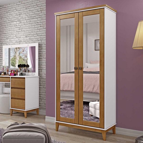 Imagem de Guarda-Roupa Multiuso Linha Prata Off White/Freijó 2 Portas com Espelhos 5 Prateleiras MDF com Madeira Maciça Pinus - Finestra