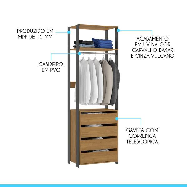 Imagem de Guarda Roupa para Closet Aberto 4 Gavetas Estilo Industrial Bacco 70x220Cm MDP Carvalho 6105 MENU