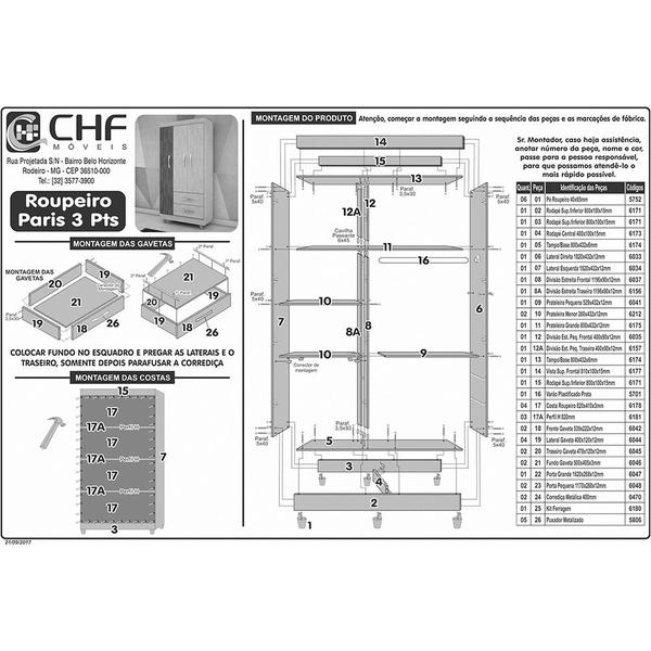 Imagem de Guarda Roupa Paris Solteiro 3 Portas 2 Gavetas CHF