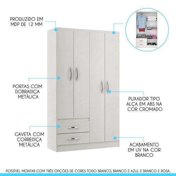 Imagem de Guarda-Roupa Pequeno com 4 Portas 2 Gavetas 105 x 179 x 40 MDP Branco 2074 MENU