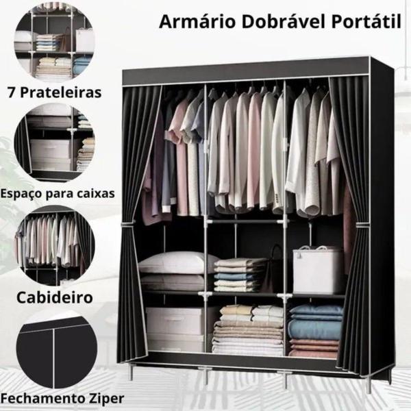 Imagem de Guarda Roupa Portatil Armário para Organizar Roupas Organizador de Roupas Guarda Roupa Dobrável CoR Preto