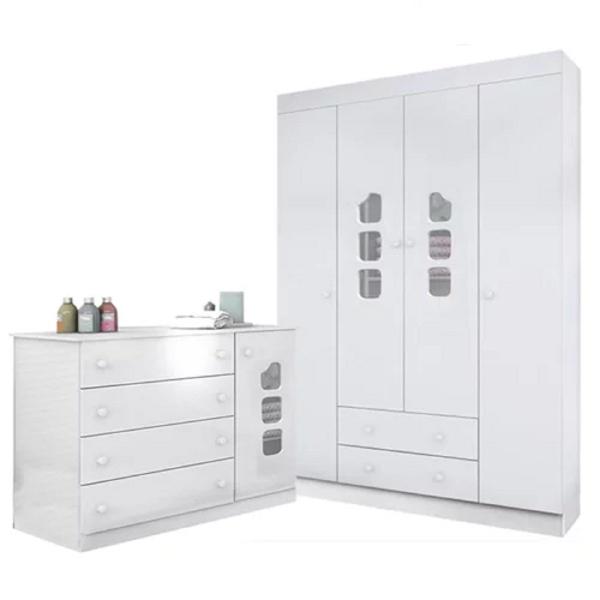 Imagem de Guarda Roupa Roupeiro 4 Portas e Cômoda Aquarela 100% MDF Branco para Quarto Infantil